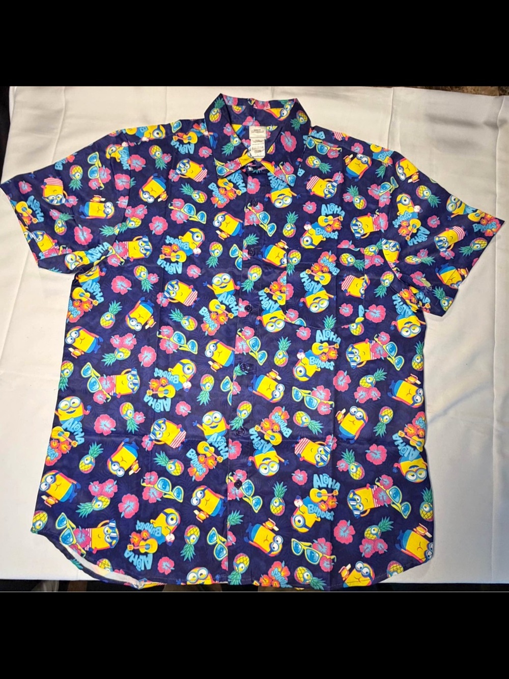 Navy Short-Sleeve Tropical Minions Print Button-Down Shirt